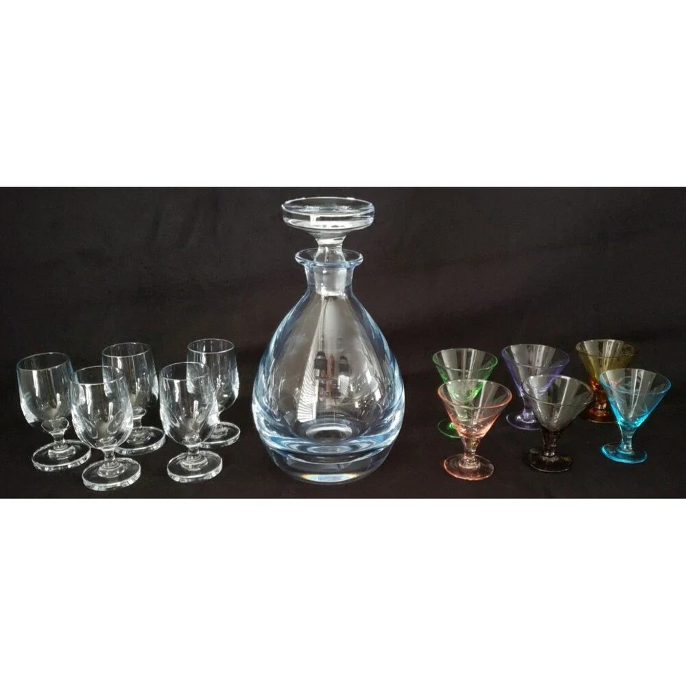 Vintage SIGNED Strombergshyttan Swedish Decanter w/Stopper & 11 Cordials